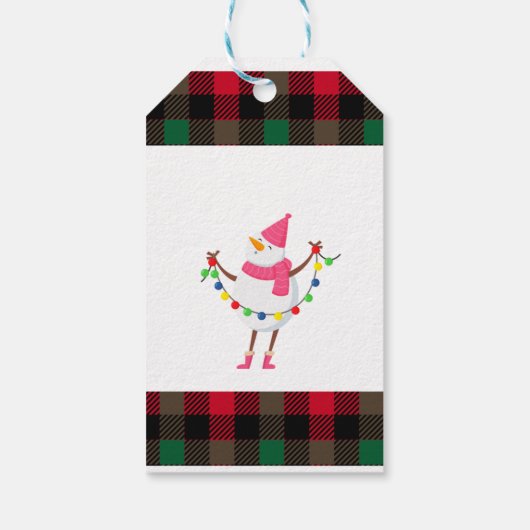 XMAS PLAID ONTWERP MET SNEEUWPOP EN KERSTLICHT CADEAULABEL (Achterkant)