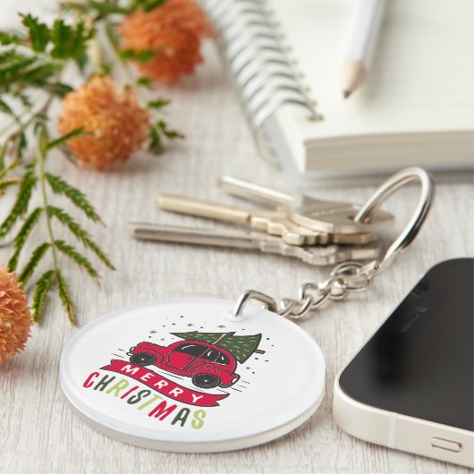 Xmas Red Car Tree Fesive Merry kerstkleurig Sleutelhanger (Voorkant Rechts)