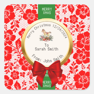 XMAS Red LACE Editable  Gift Bag  Vierkante Sticker
