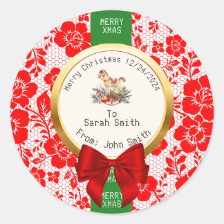 XMAS Red LACE Editable green red white Ronde Sticker