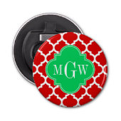 Xmas Red White Moroccan #5 Emerald Name Monogram Button Flesopener (Voorkant)