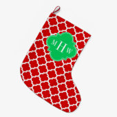 Xmas Red White Moroccan #5 Emerald Name Monogram Grote Kerstsok (Voorkant (Hangend))