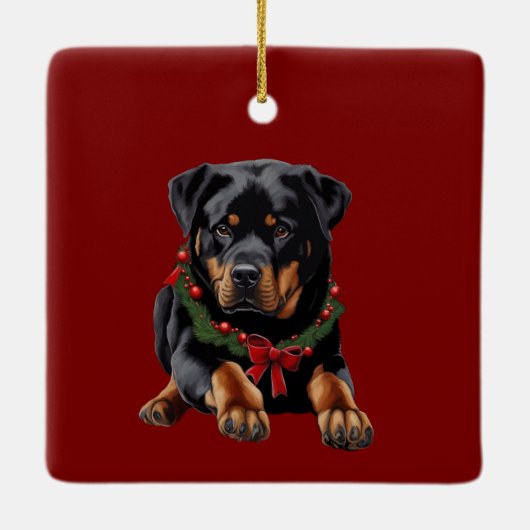 Xmas Rottweiler Hondenkerst met Garland kraag Keramisch Ornament (Achterkant)