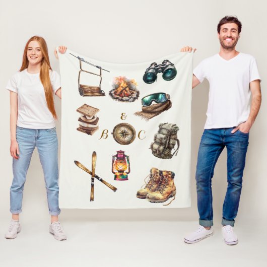 Xmas  Rustiek Ski paar Initialen Off White Fleece Deken (In situ)