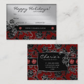 Xmas Salon Gift Card Spa Floral Red Silver Kortingskaartje (Voorkant / Achterkant)