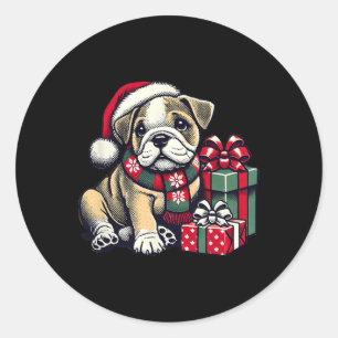 Xmas Santa Hat Engelse Bulldog 1 Ronde Sticker