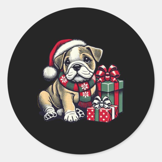 Xmas Santa Hat Engelse Bulldog 1 Ronde Sticker (Voorkant)