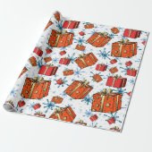 Xmas Scandi Snowflakes Red Packaging Paper Cadeaupapier (Uitgerold)