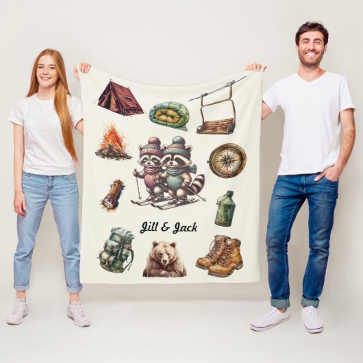 Xmas  Ski Paar Wasbeer Outdoor Off White Fleece Deken (In situ)