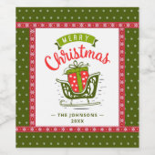 Xmas Sleigh Red Green Ribbon Snowflake Custom Text Wijn Etiket (Enkel label)