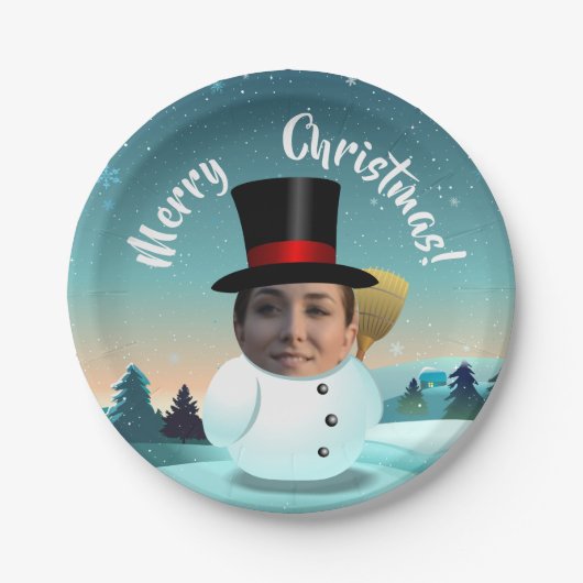 Xmas Snowman Gepersonaliseerd met jouw gezicht Papieren Bordje (Voorkant)