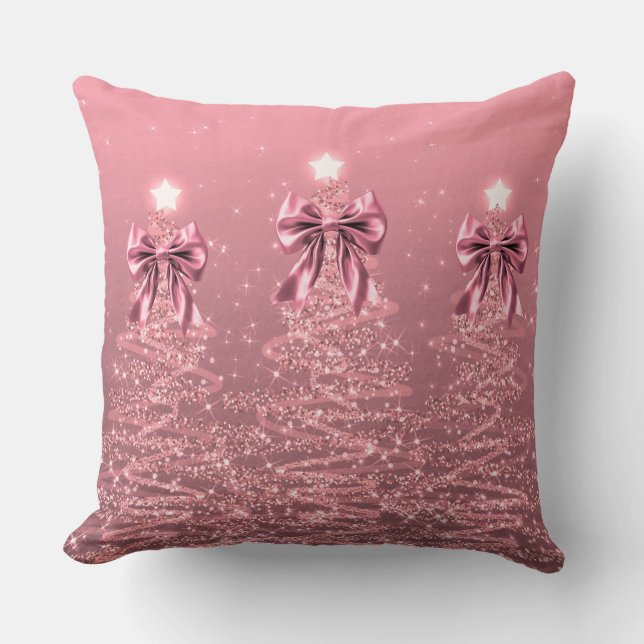 Xmas Sparkling Trees Blush Pink Faux Bow  Kussen (Voorkant)