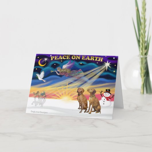 Xmas Sunrise - Twee Vizslas Feestdagen Kaart (Voorkant)