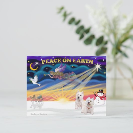 Xmas Sunrise - twee West Highland Terriers Feestdagenkaart (Staand voorkant)