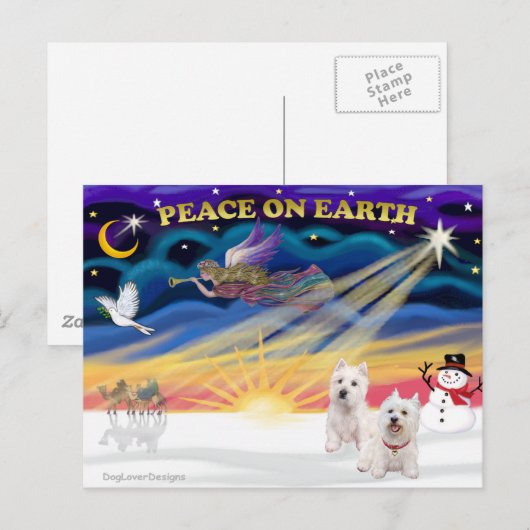 Xmas Sunrise - twee West Highland Terriers Feestdagenkaart (Voorkant / Achterkant)