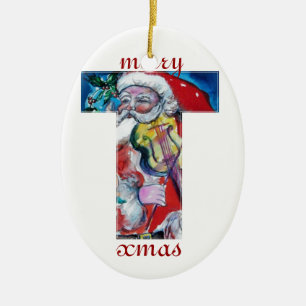 XMAS T LETTER/SANTA CLAUS MET VIOLIN MONOGRAM KERAMISCH ORNAMENT