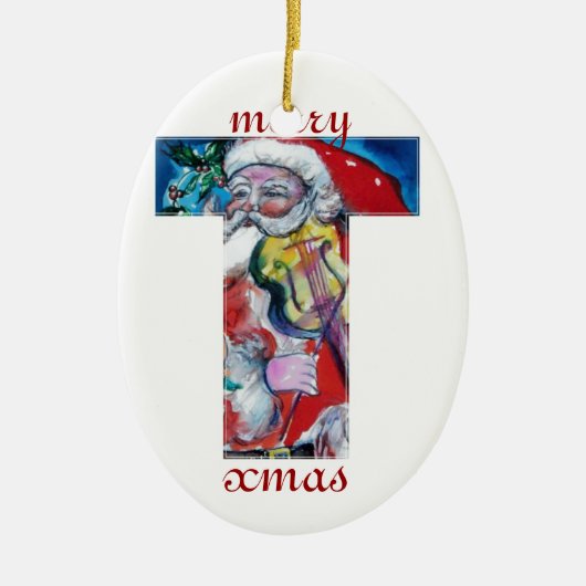 XMAS T LETTER/SANTA CLAUS MET VIOLIN MONOGRAM KERAMISCH ORNAMENT (Voorkant)