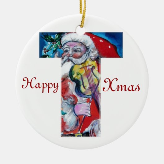 XMAS T LETTER/SANTA CLAUS MET VIOLIN MONOGRAM KERAMISCH ORNAMENT (Voorkant)