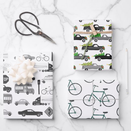 Xmas Traffic Cars Trucks Bikes Variety Pack Inpakpapier Vel (Voorkant)