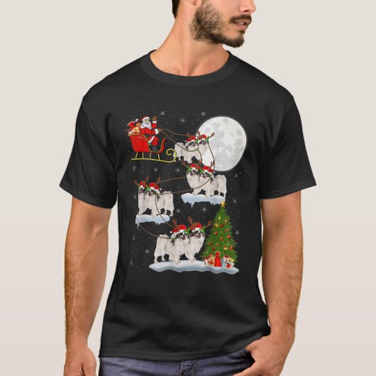 Xmas Tree Lights Funny Santa Riding Papillon Hond  T-shirt (Voorkant)