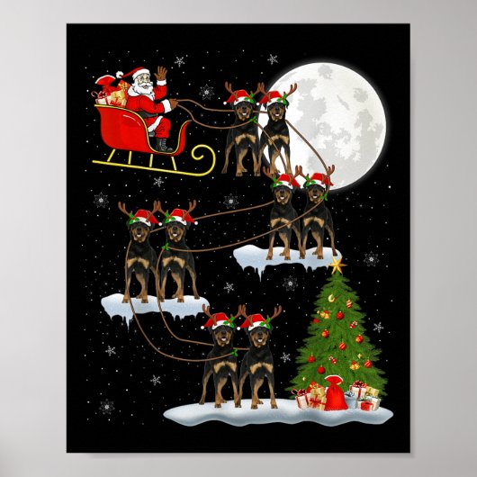 Xmas Tree Lights Funny Santa Riding Rottweiler Dog Poster (Voorkant)