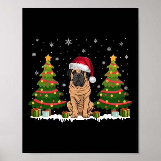 Xmas Tree Lights Mastiff Dog Santa Hat Christmas S Poster (Voorkant)
