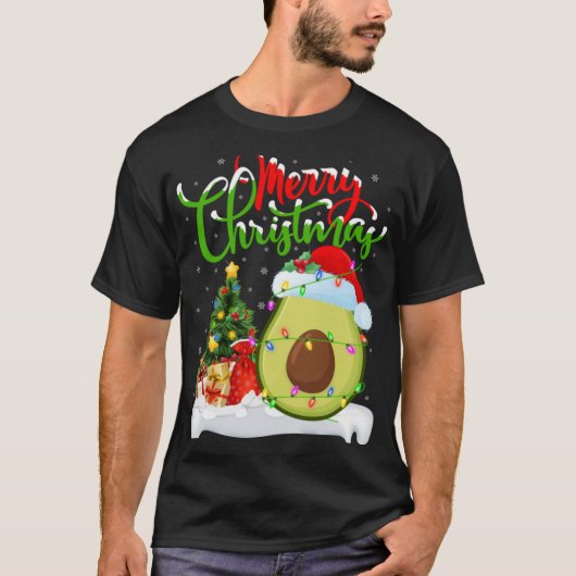 Xmas Tree Lights Santa Hat Avocado Fruit Christmas T-shirt (Voorkant)