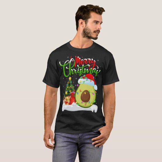Xmas Tree Lights Santa Hat Avocado Fruit Christmas T-shirt (Voorkant volledig)