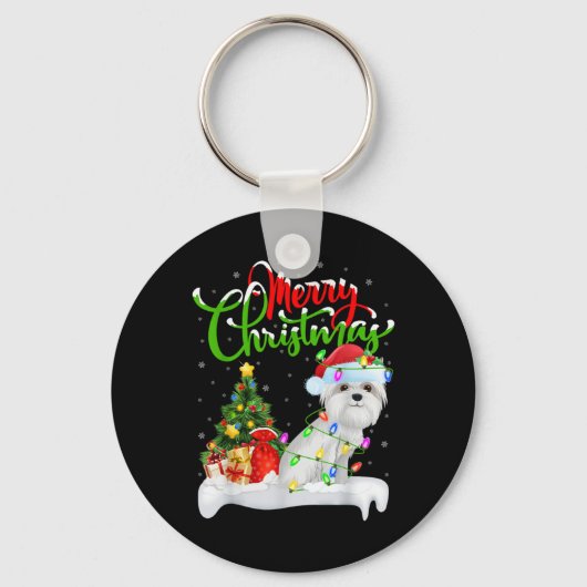 Xmas Tree Lights Santa Hat Maltese Dog Christmas T Sleutelhanger (Voorkant)