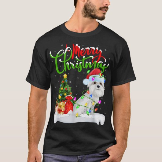 Xmas Tree Lights Santa Hat Maltese Dog Christmas T T-shirt (Voorkant)