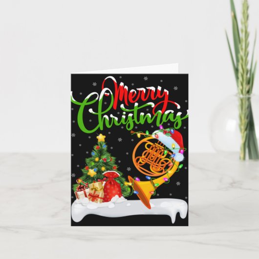 Xmas Tree Lights Santa Hat Musical French Horn Chr Kaart (Voorkant)