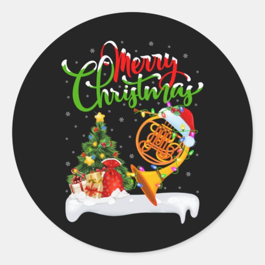 Xmas Tree Lights Santa Hat Musical French Horn Chr Ronde Sticker (Voorkant)