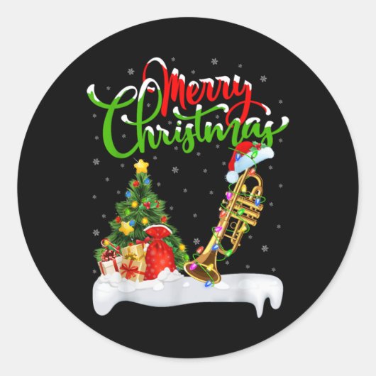 Xmas Tree Lights Santa Hat Musical Trumpet Christm Ronde Sticker (Voorkant)