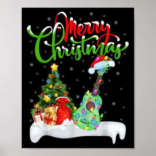 Xmas Tree Lights Santa Hat Musical Ukulele Guitar Poster (Voorkant)
