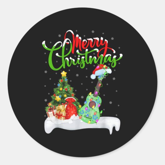 Xmas Tree Lights Santa Hat Musical Ukulele Guitar  Ronde Sticker (Voorkant)