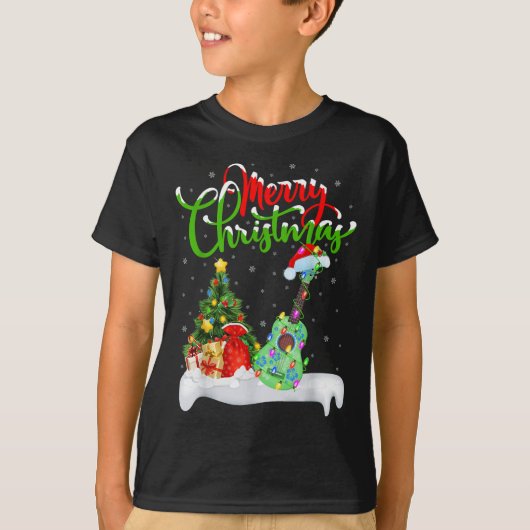 Xmas Tree Lights Santa Hat Musical Ukulele Guitar T-shirt (Voorkant)