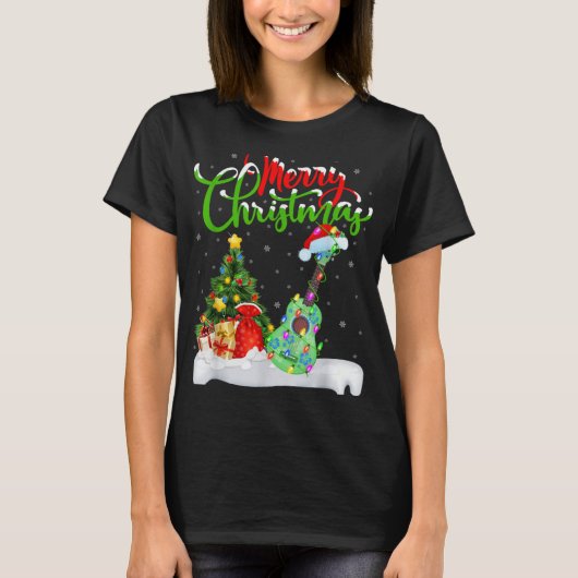 Xmas Tree Lights Santa Hat Musical Ukulele Guitar  T-shirt (Voorkant)