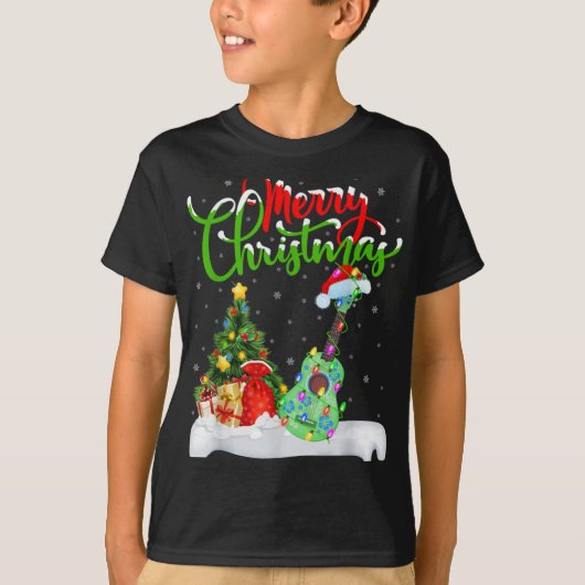 Xmas Tree Lights Santa Hat Musical Ukulele Guitar  T-shirt (Voorkant)