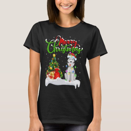 Xmas Tree Lights Santa Hat Siberische Husky Dog Ch T-shirt (Voorkant)