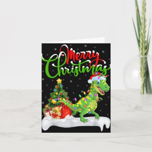 Xmas Tree Lights Santa Hat T Rex Dinosaur Christma Kaart (Voorkant)