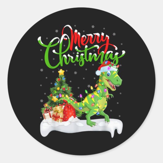 Xmas Tree Lights Santa Hat T Rex Dinosaur Christma Ronde Sticker (Voorkant)