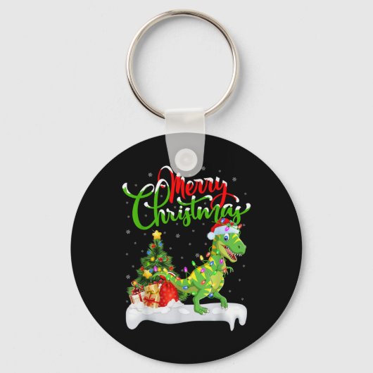 Xmas Tree Lights Santa Hat T Rex Dinosaur Christma Sleutelhanger (Voorkant)