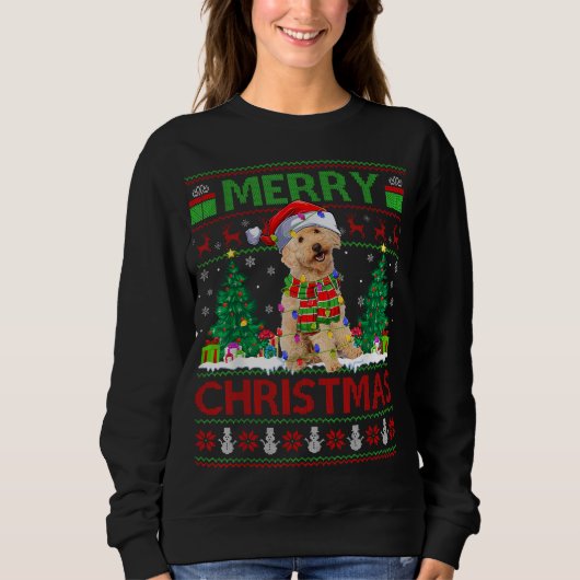 Xmas Tree Lights Ugly Santa Labradoodle Dog Christ Trui (Voorkant)