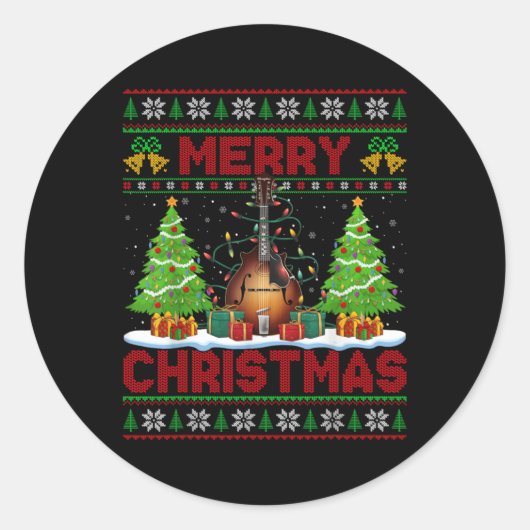 Xmas Tree Ugly Style Santa Musical Mandolin Christ Ronde Sticker (Voorkant)