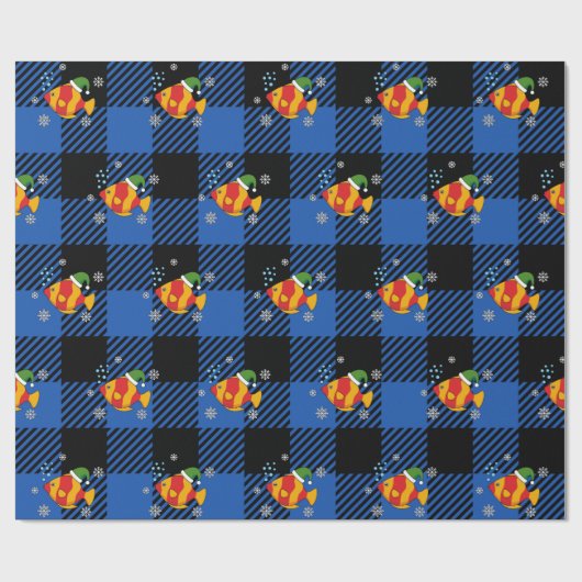 Xmas Tropische Vis Cartoon op Blauw Buffelpatroon Cadeaupapier (Vlak)