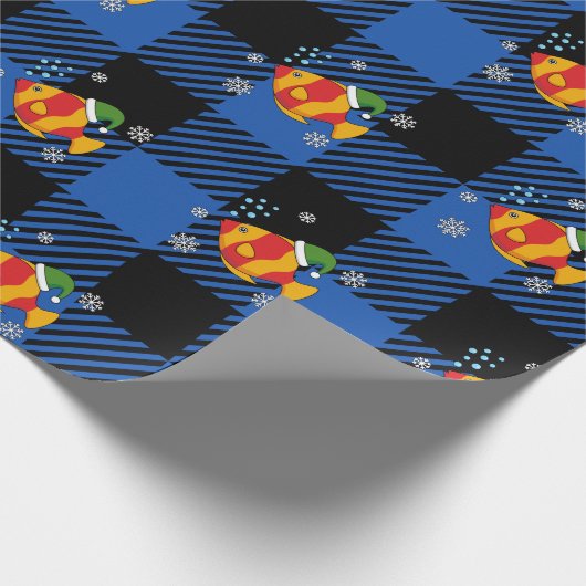 Xmas Tropische Vis Cartoon op Blauw Buffelpatroon Cadeaupapier (Hoek)