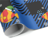 Xmas Tropische Vis Cartoon op Blauw Buffelpatroon Cadeaupapier (Rol Hoek)