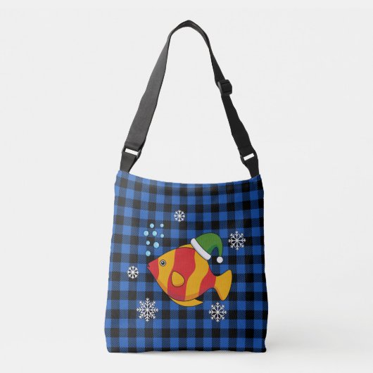 Xmas Tropische Vis Cartoon op Blauw Buffelpatroon Crossbody Tas (Voorkant)