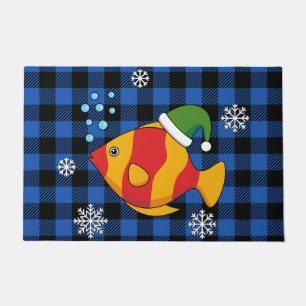 Xmas Tropische Vis Cartoon op Blauw Buffelpatroon Deurmat