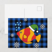 Xmas Tropische Vis Cartoon op Blauw Buffelpatroon Feestdagenkaart (Voorkant / Achterkant)